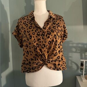 VINTAGE boutique Leopard Print Knot Front Blouse SMALL - faux silk button down